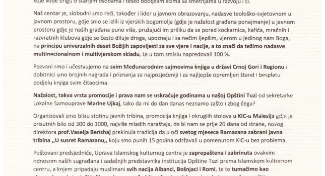 Nadir ef. Bajraktari ukazao na diskriminaciju Optine Tuzi nad muslimanskim stanovništvom
