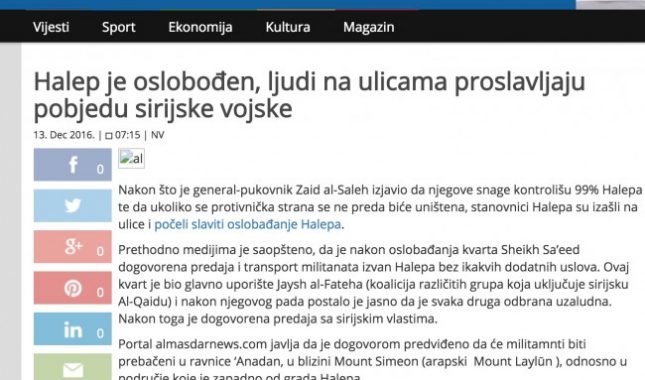 Dok se cijeli svijet zgražava nad gencidom u Halepu, Gulenov portal u BiH «Novo vrijeme», predstavlja Assada kao oslobodioca