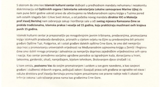 Nadir ef. Bajraktari ukazao na diskriminaciju Optine Tuzi nad muslimanskim stanovništvom