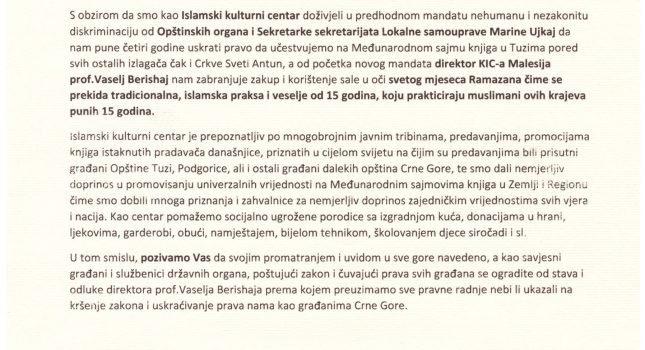 Nadir ef. Bajraktari ukazao na diskriminaciju Optine Tuzi nad muslimanskim stanovništvom